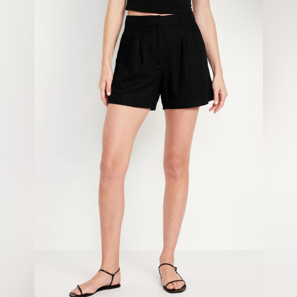 Black Large Extra High Waisted Linen Trouser Shorts